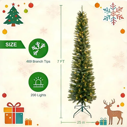 Vista 3 de Árbol de Navidad artificial preiluminado de 7 pies con lápiz verde para decoración de fiestas en el hogar Lápiz verde-preiluminado