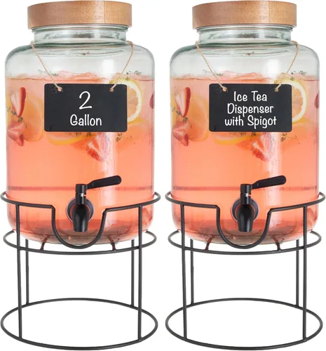 Vista 8 de Ilyapa Dispensador de bebidas de vidrio para fiestas - paquete de 3, dispensador triple de bebidas múltiples de 1 galón con soporte, tapas de madera