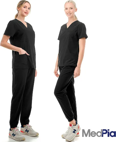 Vista 3 de MEDPIA Conjunto médico para mujeres y hombres, uniforme médico de enfermería, pantalones deportivos elásticos en 4 direcciones y 6 bolsillos