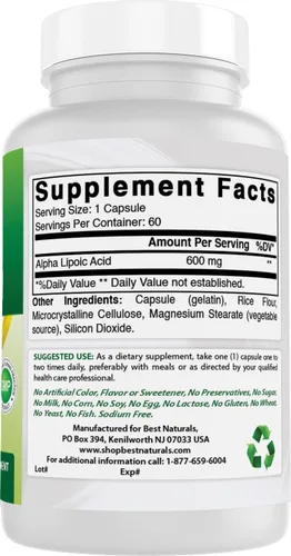 Vista 6 de Best Naturals Ácido alfa lipoico 600 mg 60 cápsulas – ALA Potente antioxidante (60 unidades (paquete de 1))