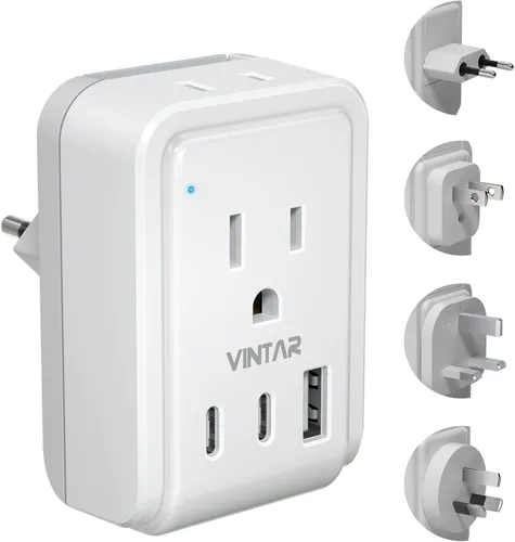 Vista 12 de VINTAR - Kit de adaptador de viaje universal, adaptador de enchufe internacional con 3 puertos USB (2 USB C, 3.4 A) y 2 salidas americanas, tipo A