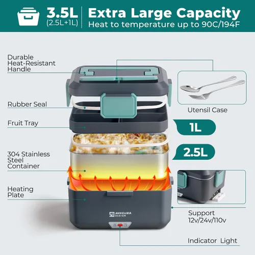 Vista 4 de Annie & Mia Design Fiambrera eléctrica para adultos, 100 W, 3.5 L, calentador de alimentos portátil de 2 capas, modo dual de 2.5 L + 1 litro