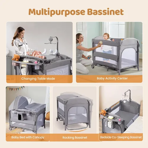 Vista 2 de JOYMOR Cuna de viaje junto a la cama 9 en 1 con mesa de cambio, empaque y juegue con cuna, conviértala en cama mecedora para bebé con centro de Gris