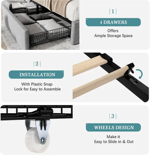 Vista 6 de HOOMIC Base de cama de almacenamiento de plataforma de tamaño matrimonial con 4 cajones y cabecera ajustable, listones de madera, no necesita Gris