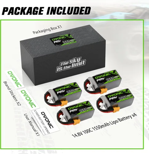 Vista 6 de OVONIC 4s Lipo Battery 100C 1550mAh 14.8V Lipo Battery Soft Case con conector XT60 para FPV (4 paquetes)