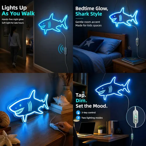 Vista 5 de Letrero de neón de tiburón con sensor de movimiento, letrero de neón LED azul hielo con 3 modos regulables, tablero acrílico decoración de tiburón