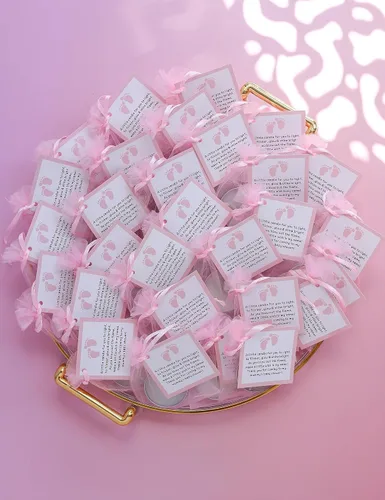 Vista 8 de Juego de 50 velas de té para recuerdos de fiesta de baby shower, recuerdos de bautizo para invitados, recuerdos de revelación de género de niña, Rosa