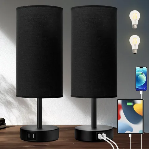 Vista 10 de Yarra-Decor Lámparas de noche con puerto USB, lámpara de mesa con control táctil para dormitorio, de madera, de 3 vías, regulable, juego de 2