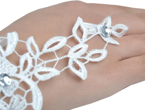 Vista 6 de JISEN Guantes de encaje de boda para mujer, regalo formal para banquete, fiesta, sin dedos, Blanco
