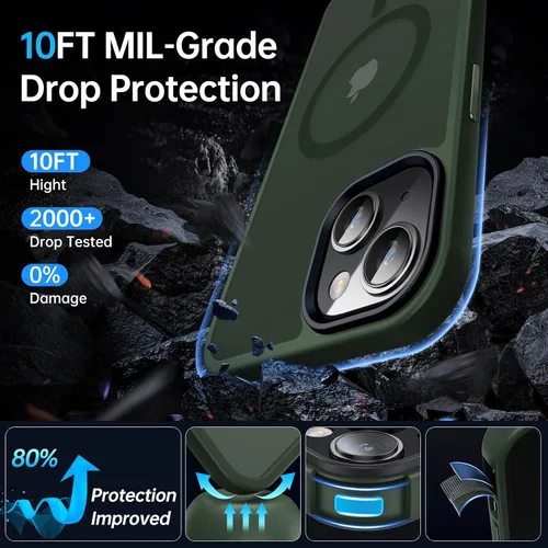 Vista 4 de Funda magnética para iPhone 13 y iPhone 14 para MagSafe [protección de grado militar de 10 pies], delgada, translúcida mate con borde de silicona