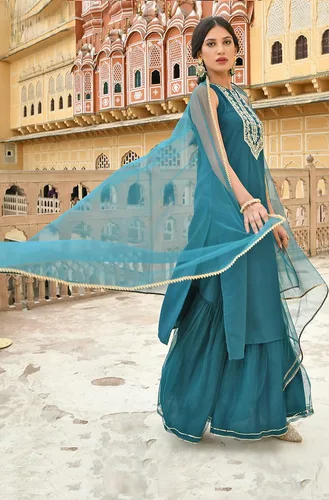 Vista 5 de Janasya Indian - Kurta bordada de seda de poliéster verde azulado para mujer con Sharara y Dupatta