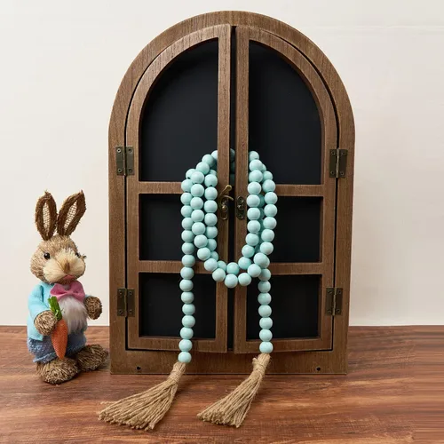 Vista 3 de OMISHE Guirnalda de cuentas de madera de 59 pulgadas con borlas, cuentas decorativas, guirnalda de cuentas de madera de granja para colgar