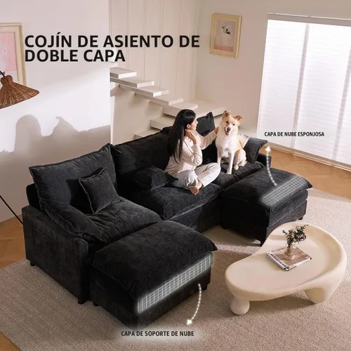 Vista 5 de GOSUHI Sofá en Forma de U de 108", Sofá Seccional Modular, Sofá Cómodo Nube de 3 Plazas con Otomana Móvil, Sofás de Asiento Profundo para Sala