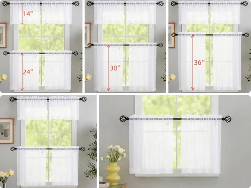 Vista 8 de MYSTIC-HOME Juego de cortinas de niveles transparentes blancas para cocina de 24 pulgadas de largo, tratamiento de cortinas para ventanas pequeñas