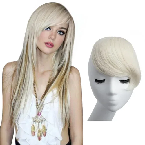 Vista 17 de SARLA Flequillo lateral negro marrón con clip en piezas de cabello sintético, extensión de flequillo recto para mujeres
