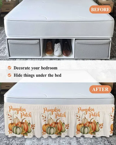 Vista 6 de Falda de cama con parches de calabazas, tamaño Queen de 16 pulgadas de caída, ajustable y elástica, plisada, con volantes de polvo de lujo para cama