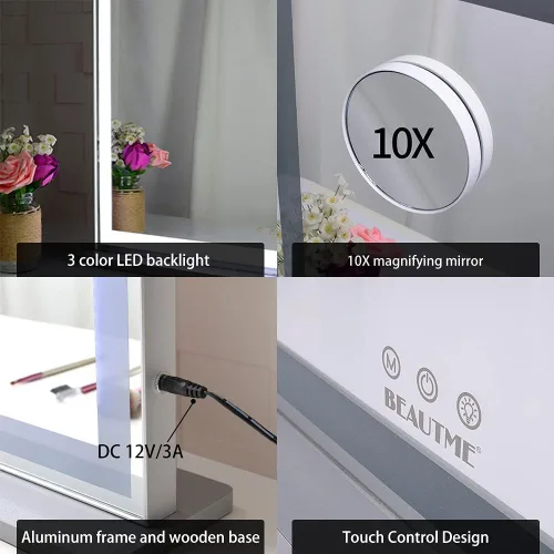 Vista 7 de BEAUTME Espejo de tocador de 22.4 x 28.1 pulgadas, espejo de maquillaje con luces, espejo Hollywood, espejo LED para dormitorio, marco de aluminio