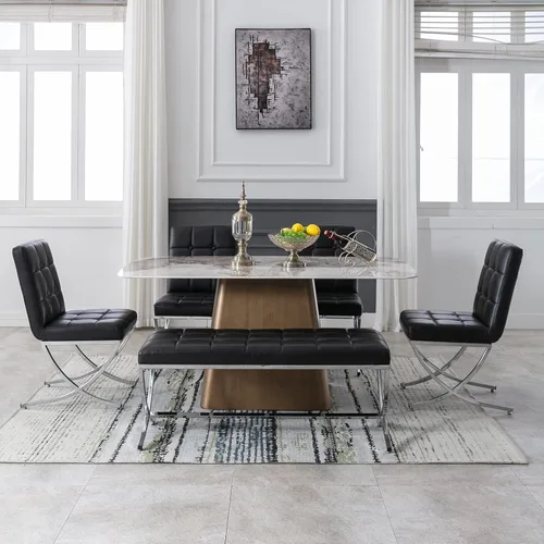 Vista 8 de DUOMAY Moderno banco otomano copetudo, banco de comedor tapizado de piel sintética, reposapiés con botones y patas de metal, 45.75 pulgadas de ancho
