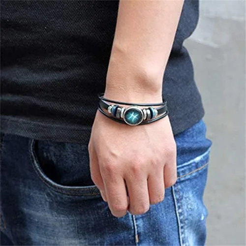 Vista 5 de zodiac - Pulsera de acero inoxidable para hombre y mujer, estilo vintage, punk, de cuero negro