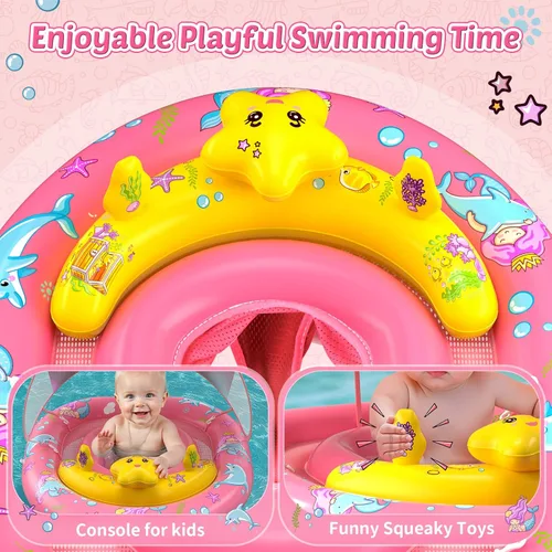 Vista 4 de Flotador de piscina para bebés con toldo UPF50+, flotadores inflables para piscina para niños, flotador de natación infantil con consola