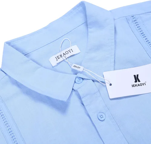 Vista 3 de JEKAOYI Camisas casuales de lino de algodón de manga larga para hombre, con botones, lisas, lisas, enrollables, para verano y playa