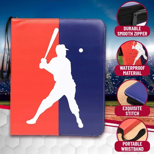 Vista 2 de Carpeta de tarjetas de béisbol con mangas, álbum de tarjetas impermeable de 3 anillos con 50 mangas, cierre de cremallera, tarjetero de gran
