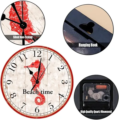 Vista 3 de Reloj de pared decorativo de madera con caballito de mar rojo, reloj de pared de madera de caballito de mar de playa, reloj de pared de cuarzo