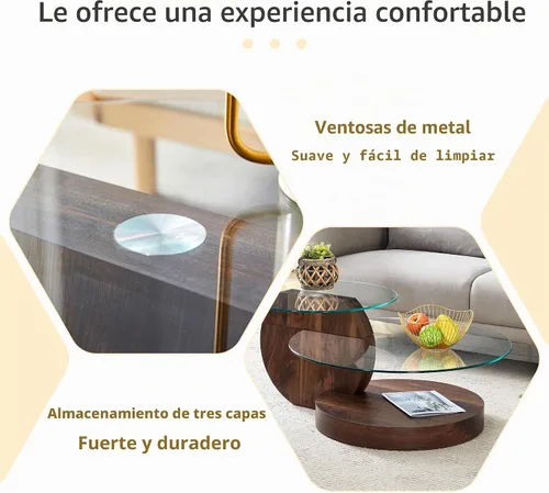 Vista 3 de Mesa de Café Redonda de Vidrio, Modernas Mesas de Café de Vidrio Templado para Sala de Estar, Mesa de Centro Circular de Nuez de 3 Niveles