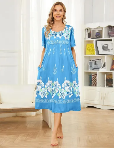Vista 4 de Bloggerlove Camisón hawaiano para mujer, vestido de casa hawaiano Muumuu con estampado de tumbona, vestido de patio con bolsillos Moomoo