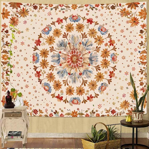 Vista 44 de Fowocu Tapiz bohemio con mandala floral para colgar en la pared, medallón de flores bohemias, tapiz estético, beige, naranja, hippie, indio, pequeño
