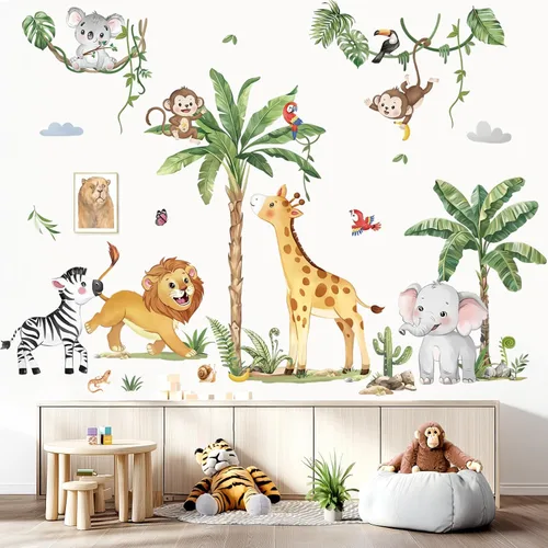 Vista 2 de decalmile Adhesivos de pared grandes de animales de la jungla, diseño de árboles tropicales, calcomanías de pared de animales del safari, jirafa