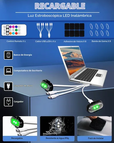 Vista 8 de Luces estroboscópicas LED inalámbricas recargables con control remoto, 8 colores USB anticolisión luces LED inalámbricas para automóvil