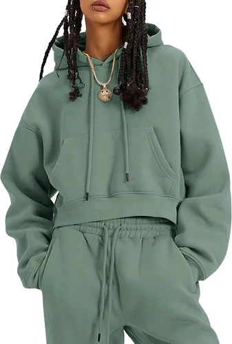Vista 15 de COZYPOIN Conjunto de 2 piezas de forro polar para mujer, sudadera corta y pantalones con capucha Beige