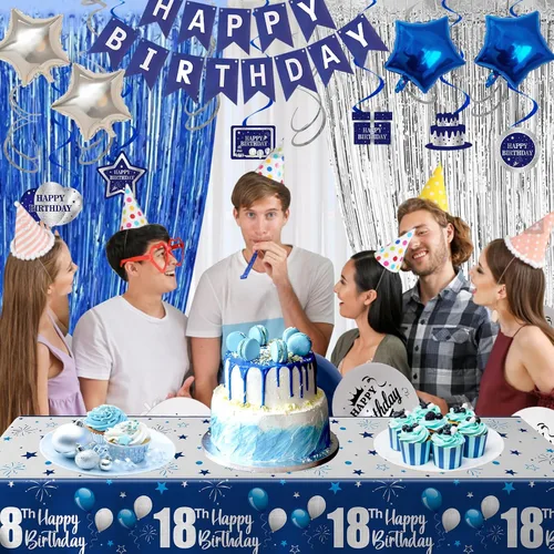 Vista 3 de Decoraciones de cumpleaños número 18 para niños y niñas, decoraciones de feliz cumpleaños número 18, color azul y plateado, incluye pancarta