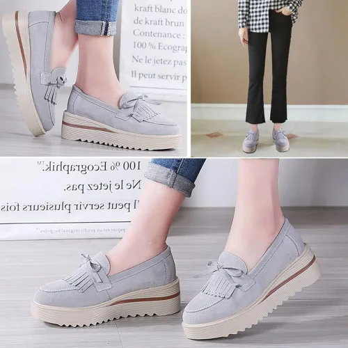 Vista 4 de YING LAN Mocasines de plataforma para mujer, cómodos mocasines de gamuza anchos y bajos, zapatos casuales de cuña