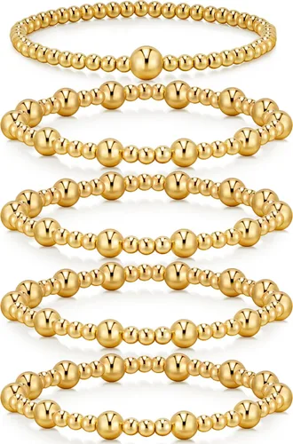 Vista 18 de Doubgood - Pulseras de oro para mujer, juego de 5 piezas, pulseras chapadas en oro de 14 quilates, conjuntos de joyería con cuentas elásticas