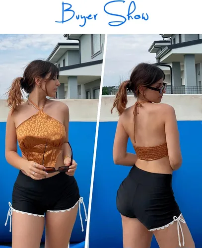 Vista 5 de ATTRACO - Pantalones cortos de natación para mujer, de cintura alta, traje de baño, pantalones cortos de baño, pantalones cortos de tabla de surf