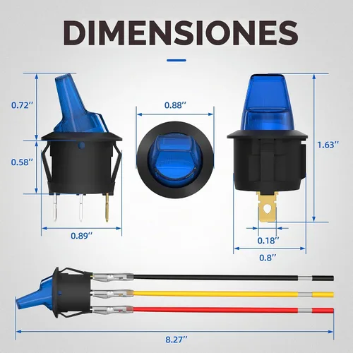 Vista 2 de DaierTek Interruptor de palanca basculante iluminado con certificación UL, 12 V, 20 A, encendido/apagado, 3 pines, redondo, LED, iluminado, mini