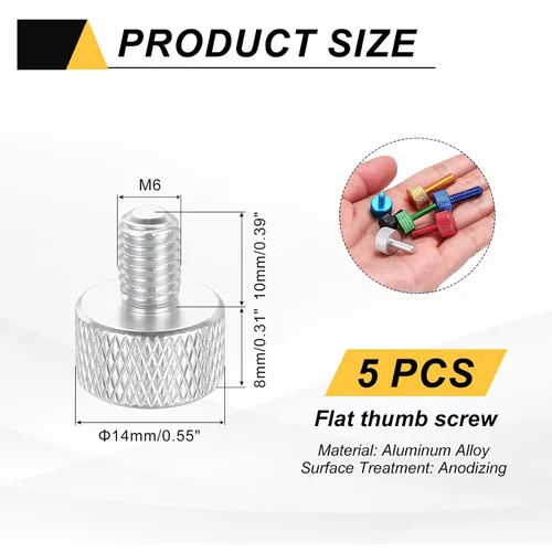 Vista 10 de MECCANIXITY 5 piezas M6x14mm Tornillos de pulgar estriado de cabeza plana, pernos de rosca completa de aleación de aluminio sólido para carcasas