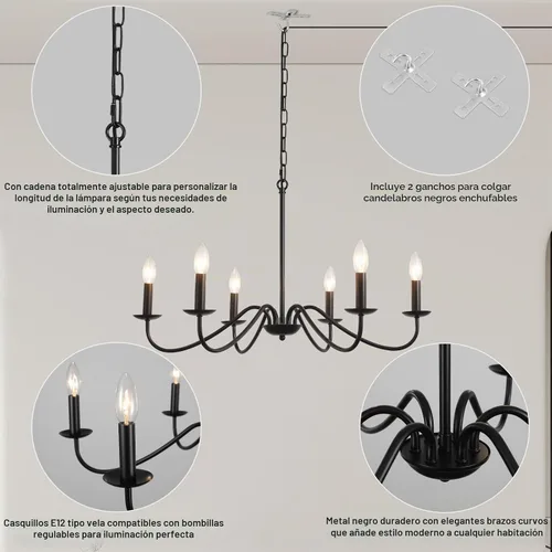 Vista 4 de Lámpara de araña enchufable con cable largo, candelabros estilo granja negros de 6 luces para lámpara de comedor, luces colgantes con cable 12 luces