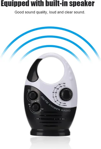 Vista 5 de Radio de ducha impermeable, radio AM/FM con altavoces de volumen ajustables, altavoces portátiles alimentados por batería con mango de gancho