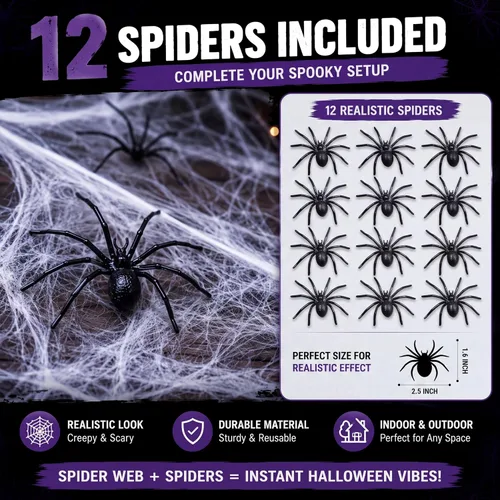 Vista 5 de Boao 6 telarañas elásticas de Halloween con 12 arañas de plástico para decoración de Halloween en interiores y exteriores