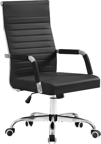 Vista 24 de Furmax Silla de escritorio de oficina acanalada con respaldo medio, silla ejecutiva de piel sintética, silla giratoria ajustable con brazos