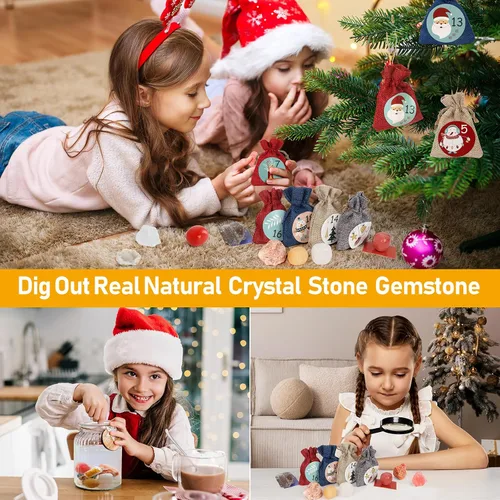Vista 5 de Calendario de Adviento 2024, 24 días de piedras preciosas de cristal curativo natural, minerales y fósiles, calendario de adviento de cristales
