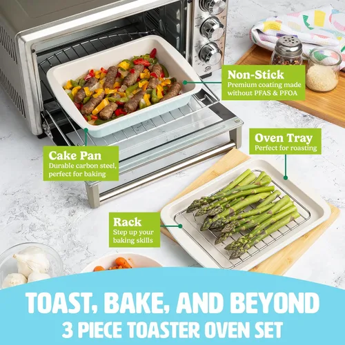 Vista 2 de Tasty Juego de Horneado Antiadherente para Horno Tostador Incluye Molde para Pastel, Bandeja para Horno, Rejilla, Utensilios de Acero al Carbono