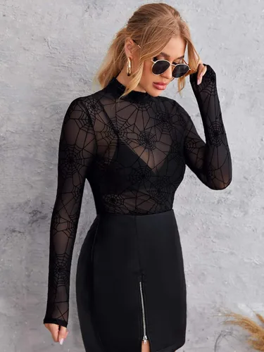 Vista 3 de Floerns - Blusas de malla transparente con estrellas, de manga larga, con cuello alto, para mujer