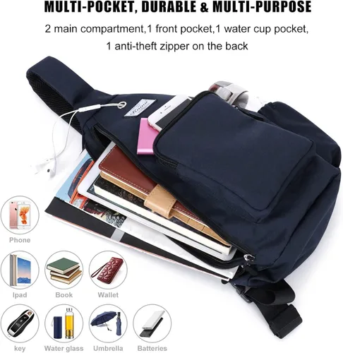 Vista 6 de KAMO Mochila bandolera para el pecho, bolsa cruzada para ciclismo, viajes, senderismo, para hombres, mujeres, niños con agujero para auriculares