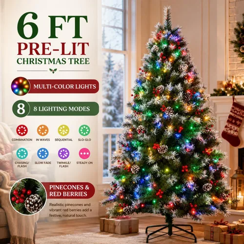 Vista 2 de CHILLSUN Árbol de Navidad artificial preiluminado de 6 pies con luces LED Árbol de Navidad preiluminado de 6 pies con luces LED blancas cálidas