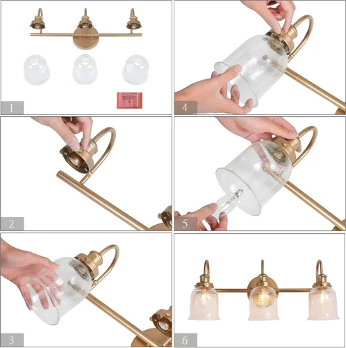 Vista 8 de Lámpara de tocador dorada, moderna lámpara de baño sobre espejo, iluminación de tocador de 3 luces con pantalla de vidrio sembrado