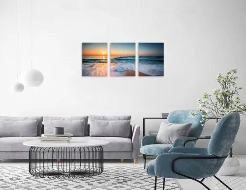 Vista 3 de TutuBeer 3 paneles de fotos de playa, arte de pared, diseño de mar azul, playa blanca al amanecer, imágenes impresas en lienzo, imágenes del océano